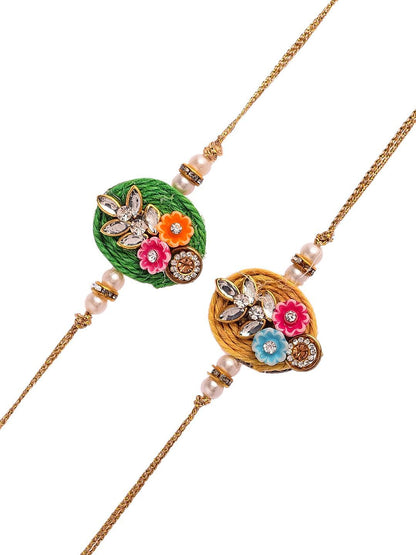 Dhiyona Set Of 2 Green Beaded Rakhi With Roli Rice & Greeting Card