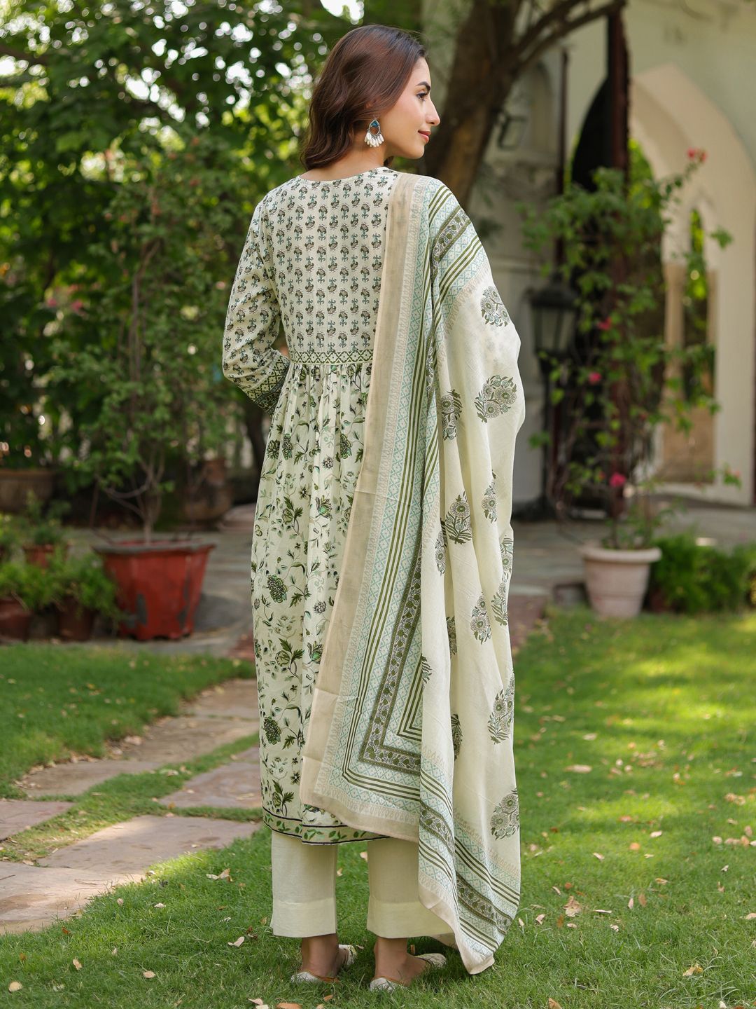 Dhiyona RR Women's Floral Printed Cotton Anarkali Kurta with Trousers & Dupatta