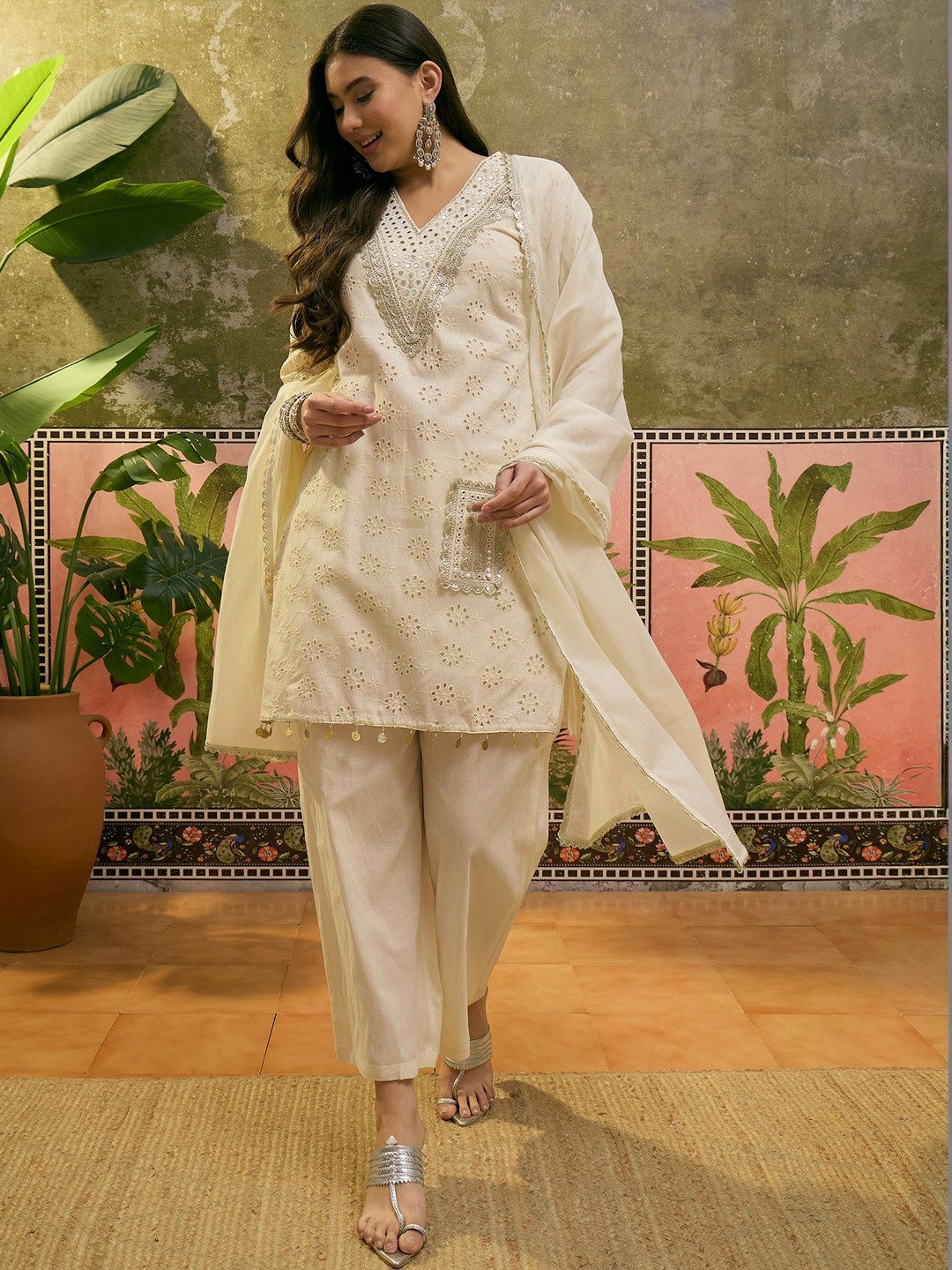 Embroidered Pure Cotton V-Neck Kurta & Trousers With Dupatta