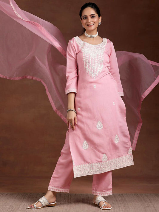 Women's LB Pink Embroidered Silk Blend Straight Suit With Dupatta