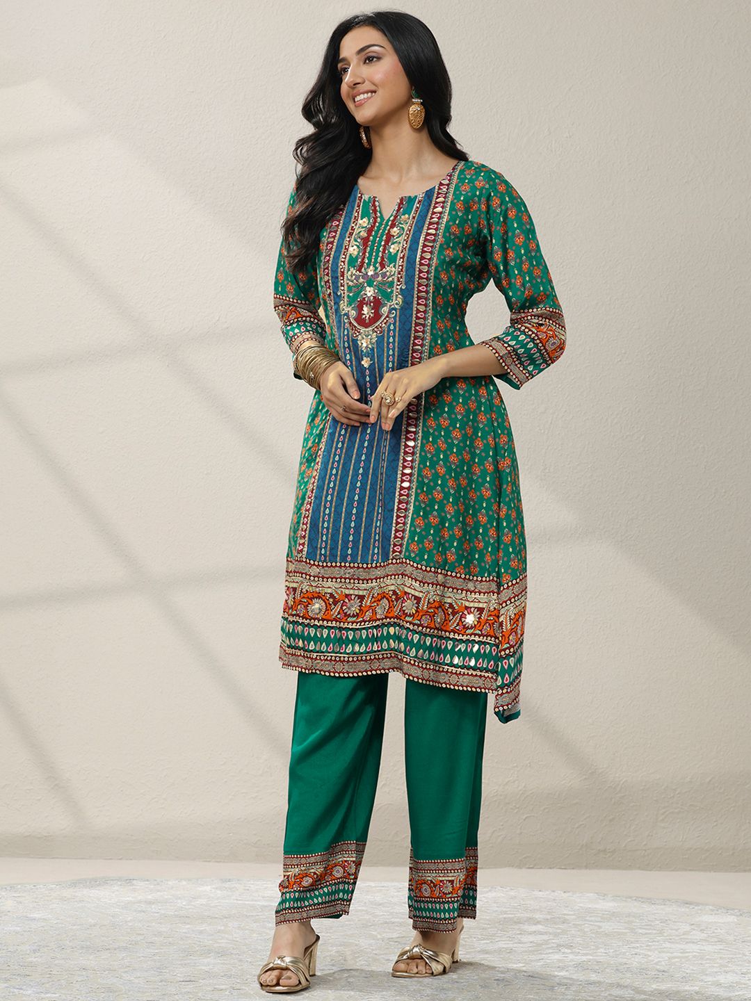 Dhiyona LL Women Ethnic Motifs Printed Regular Mirror Work Kurta with Palazzos & With Dupatta