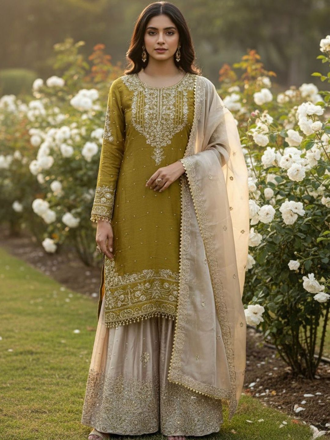 Dhiyona KL Women Ethnic Motifs Embroidered Regular Thread Work Kurta with Sharara & With Dupatta