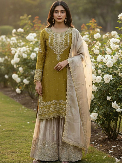 Dhiyona KL Women Ethnic Motifs Embroidered Regular Thread Work Kurta with Sharara & With Dupatta