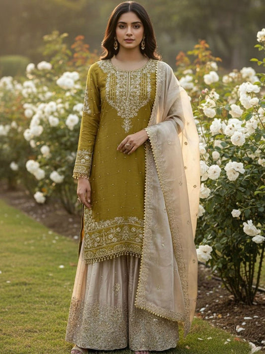 Dhiyona KL Women Ethnic Motifs Embroidered Regular Thread Work Kurta with Sharara & With Dupatta