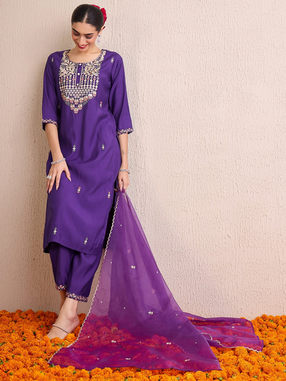 Women's Purple Embroidered Straight Kurta Trousers With Dupatta Set