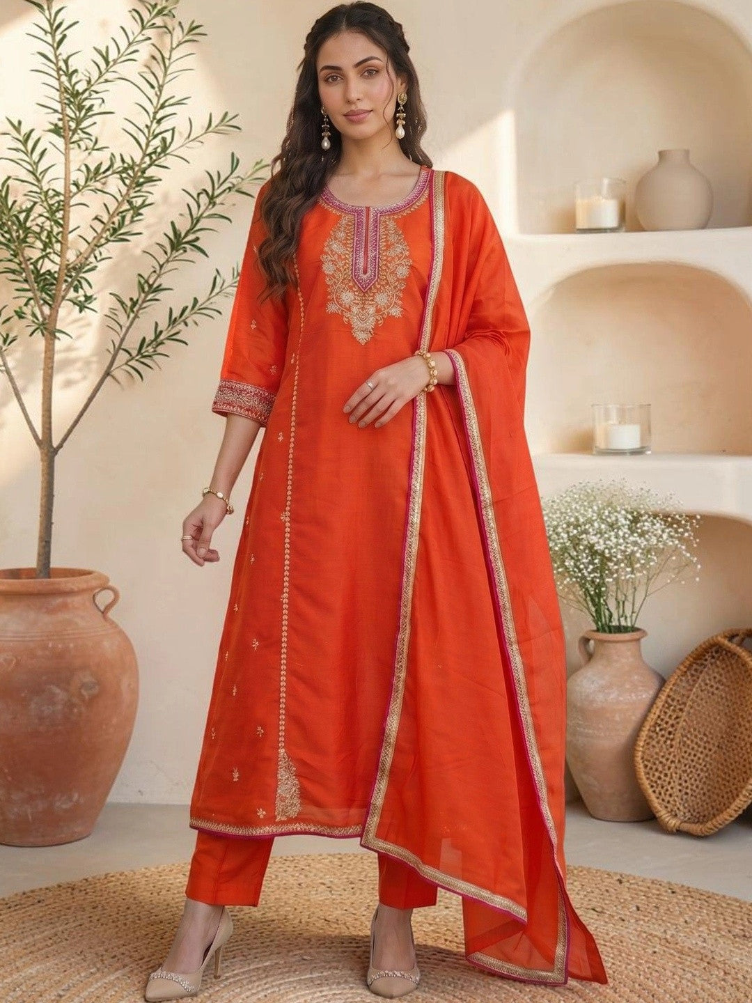 Women Ethnic Motifs Embroidered Regular Thread Work Kurta with Trousers & With Dupatta