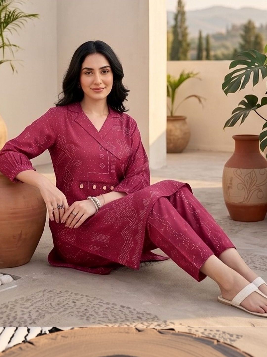 Maroon Women Ethnic Motifs Printed Angrakha Thread Work Chanderi Silk Kurta with Trousers