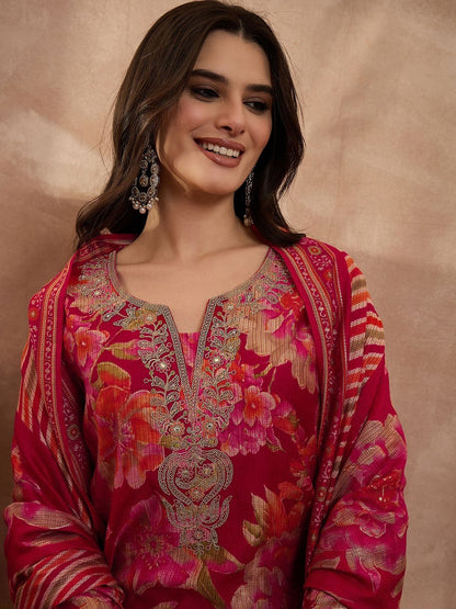 Dhiyona KL Women Floral Printed Regular Thread Work Kurta with Trousers & With Dupatta