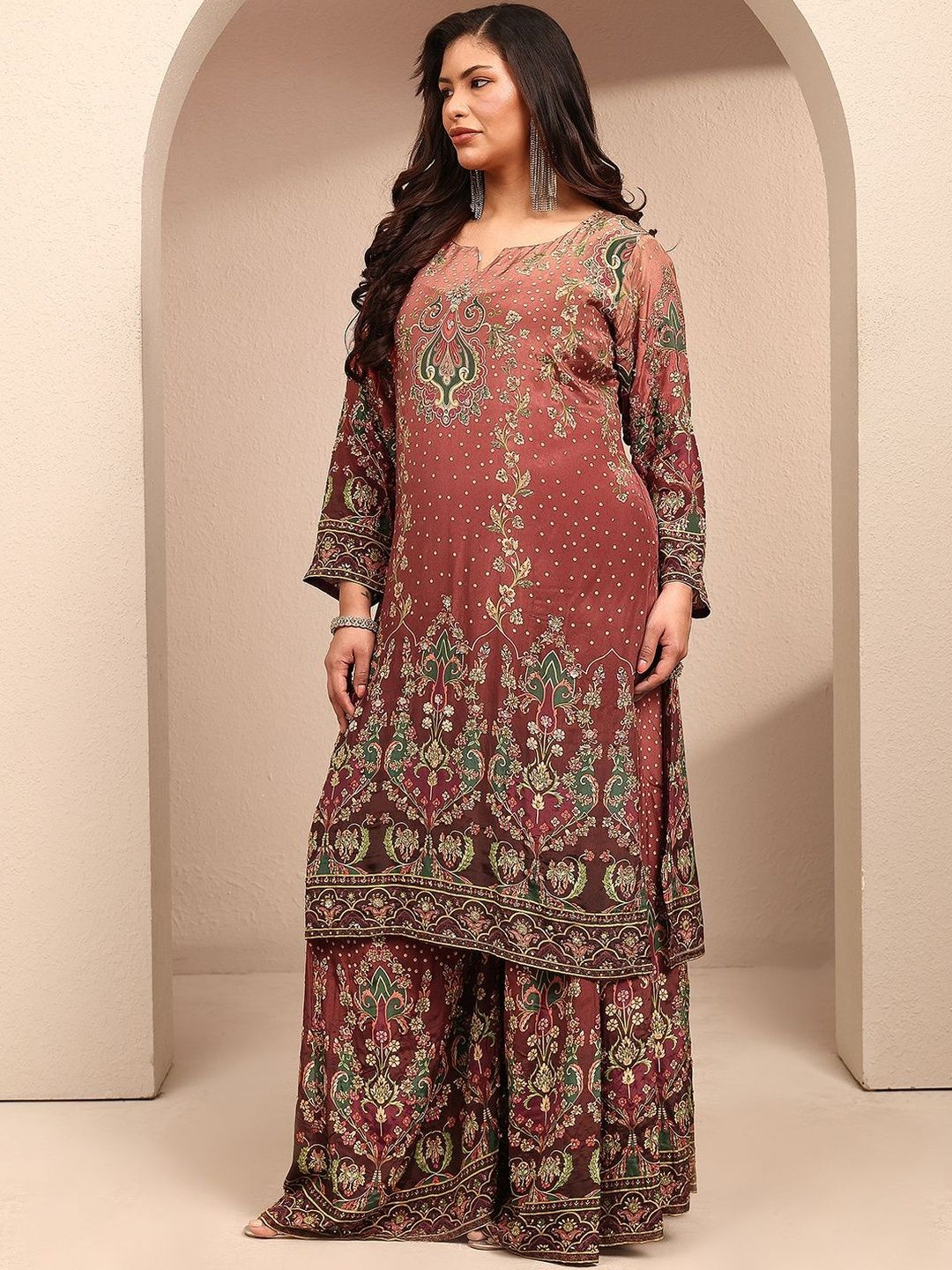 Dhiyona Women's Ethnic Motifs Printed Regular Silk Crepe Kurta with Palazzos & With Dupatta