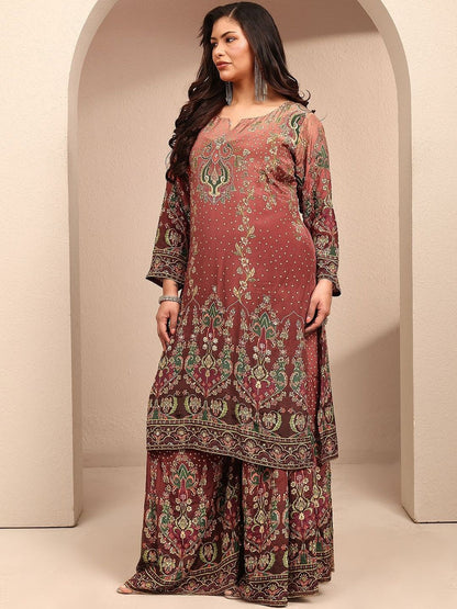 Dhiyona Women's Ethnic Motifs Printed Regular Silk Crepe Kurta with Palazzos & With Dupatta