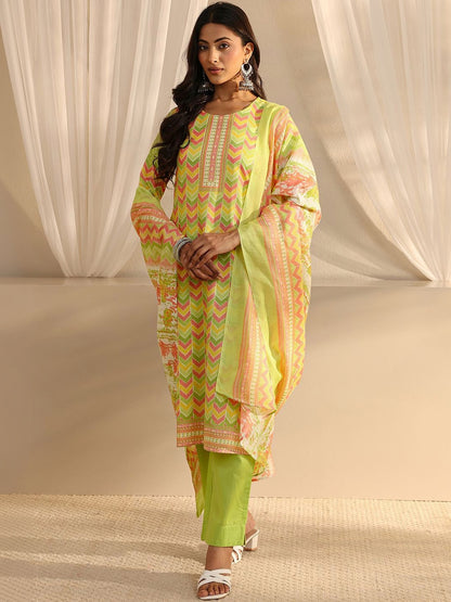 Libas Green Chevron Printed Straight Suit Set with Dupatta