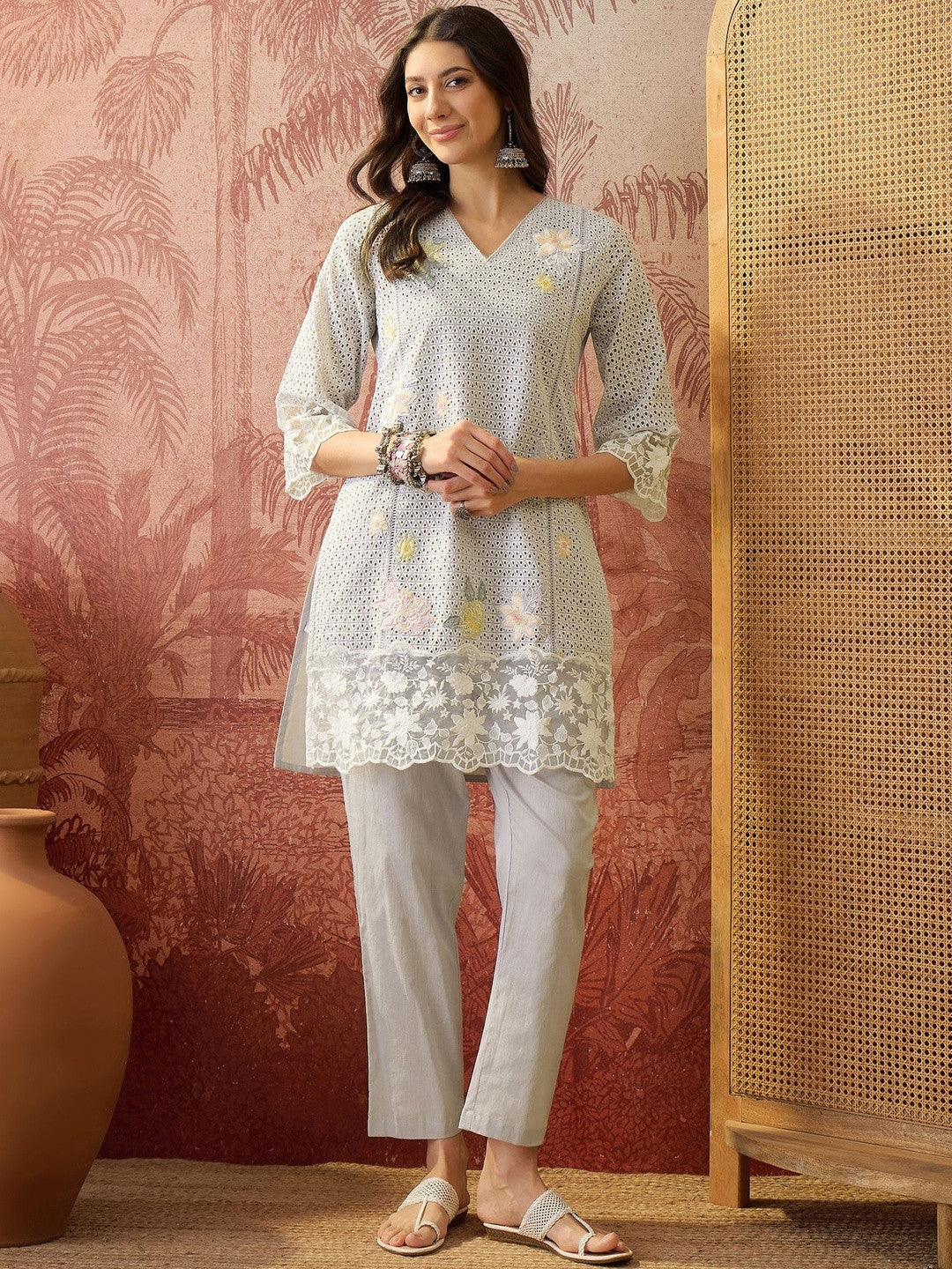 Embroidered Pure Cotton V-Neck Kurta & Trousers Kurta Set