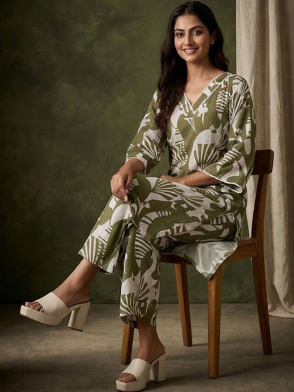 Printed Pure Cotton V-Neck Kurta & Palazzos