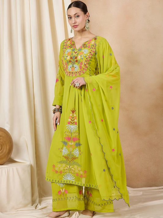 Dhiyona KL Floral Embroidered Notch Neck Thread Work Georgette Kurta With Palazzos & Dupatta