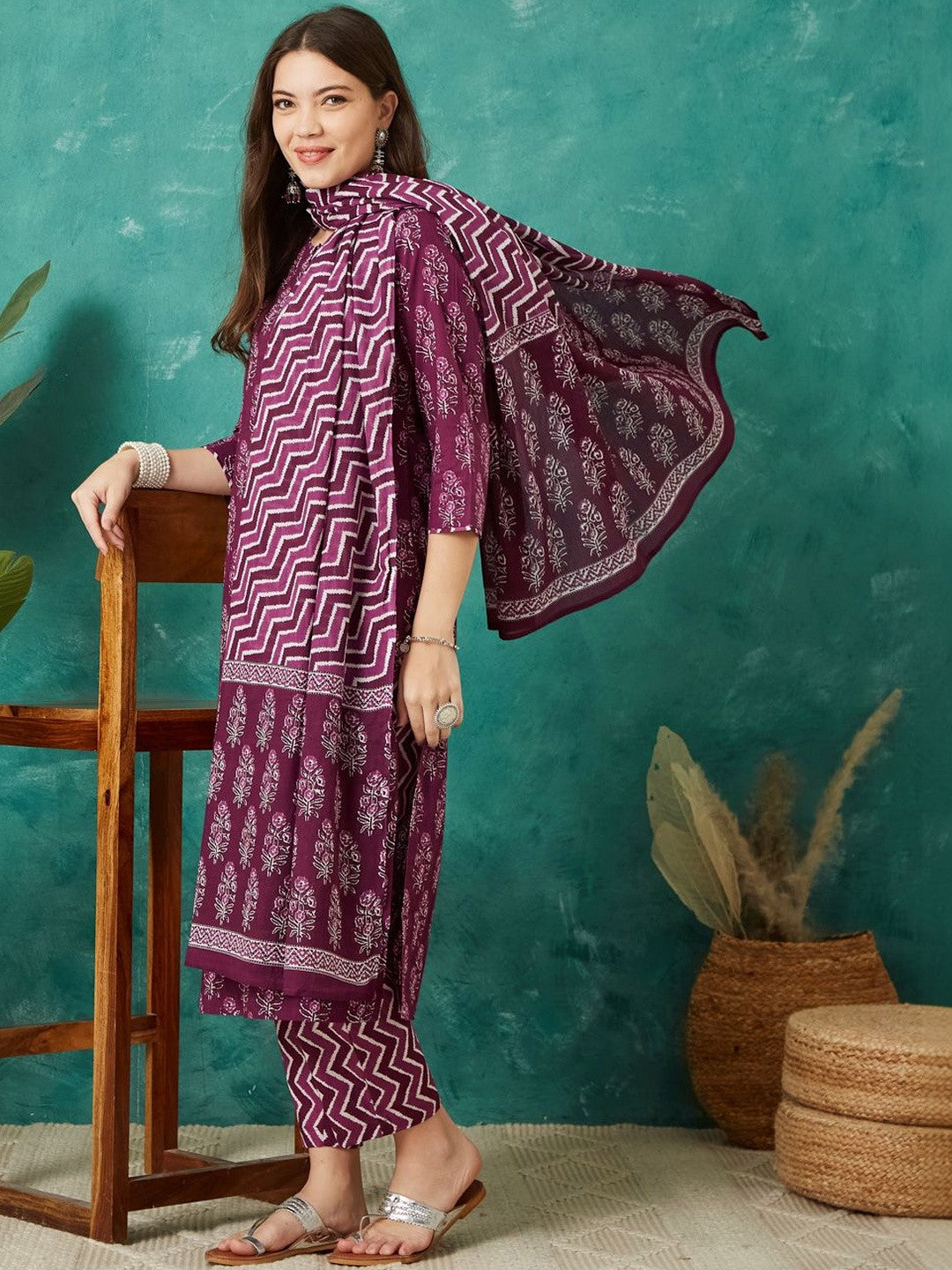 Printed Cotton Round Neck Kurta & Trousers With Dupatta