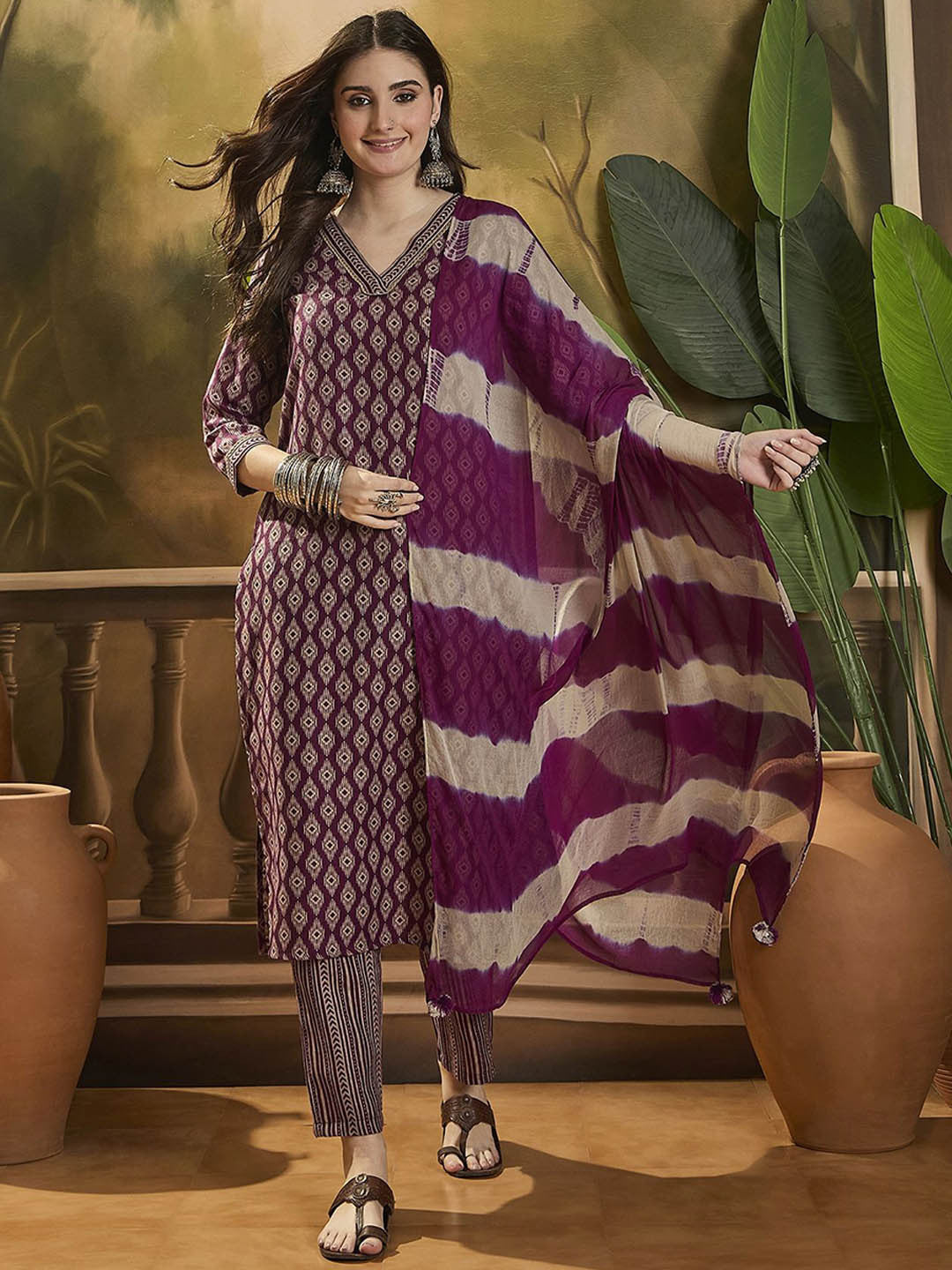 Printed V Neck Straight Kurta Set With Dupatta