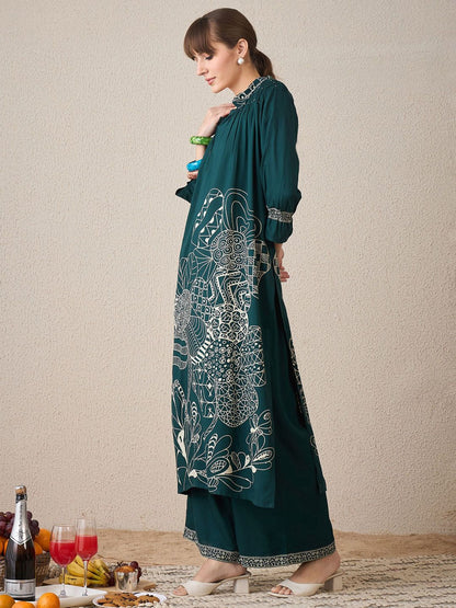 Floral Printed Shirt Collar A-Line Kurta With Trousers