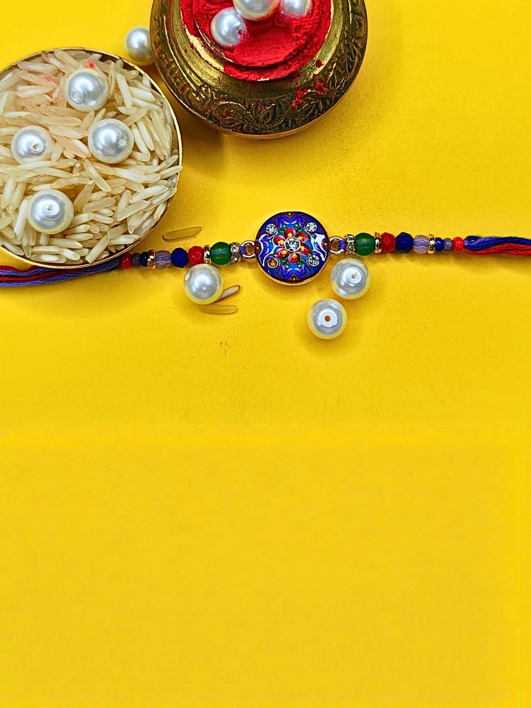 Dhiyona Set Of 3 Beaded Cotton Thread with AD Stones & Meenakari Designer Rakhi for Brother