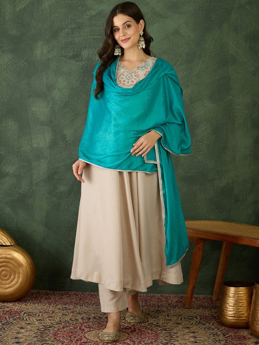 Dhiyona KL Floral Embroidered A-Line Thread Work Kurta With Trousers & Dupatta