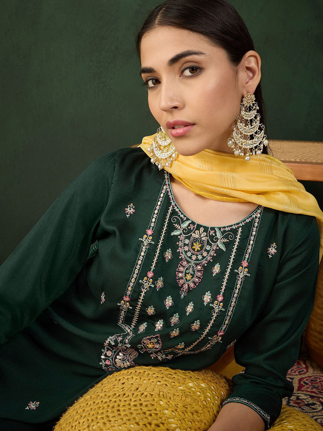 Floral Embroidered Sequinned Straight Kurta With Dupatta