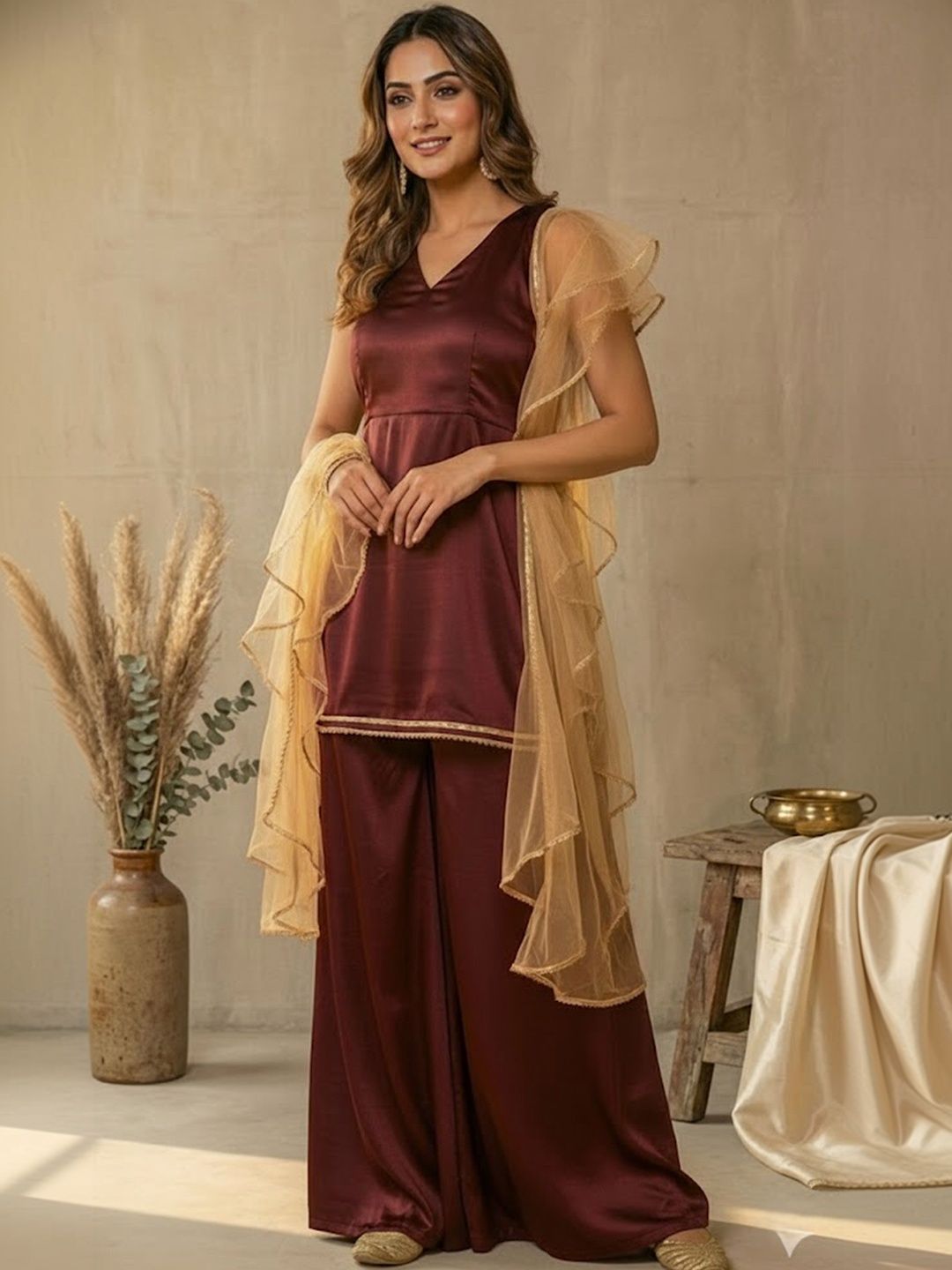 Dhiyona SN Satin V-Neck Kurti & Sharara With Dupatta