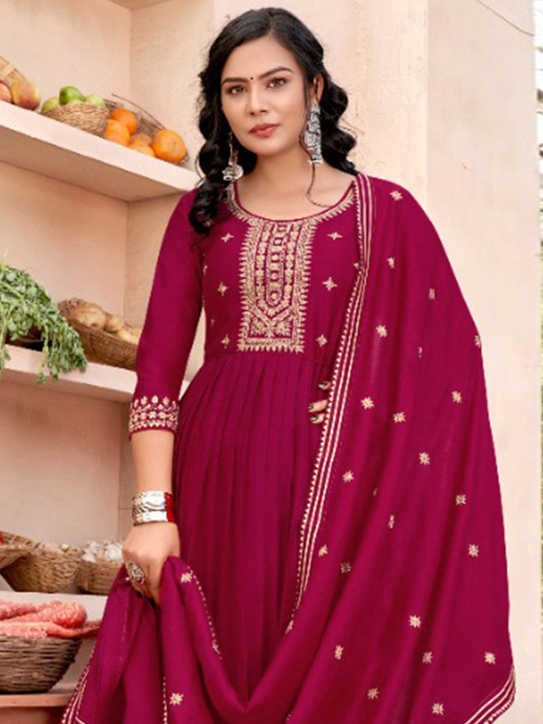 Dhiyona SN Sequence Zari Embroidered Round Neck A-Line Kurta & Trousers With Dupatta