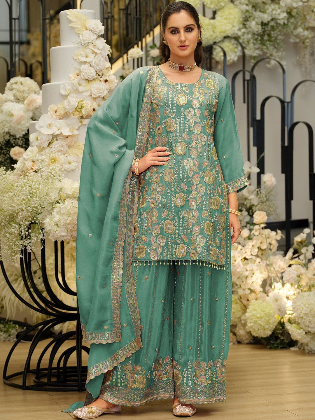 Women Ethnic Motifs Embroidered Regular Sequinned Kurta with Sharara & With Dupatta
