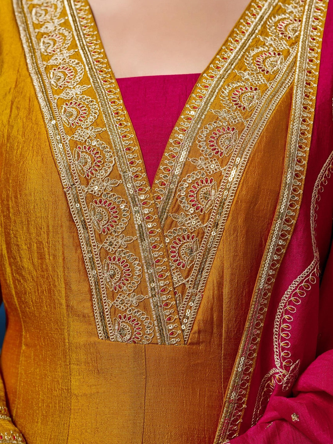 Embroidered V-Neck Kurta & Trousers With Dupatta
