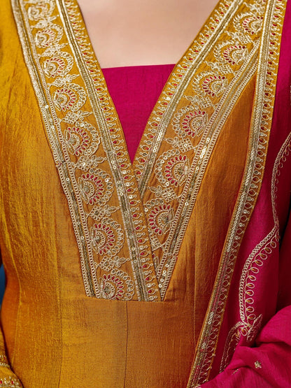 Embroidered V-Neck Kurta & Trousers With Dupatta