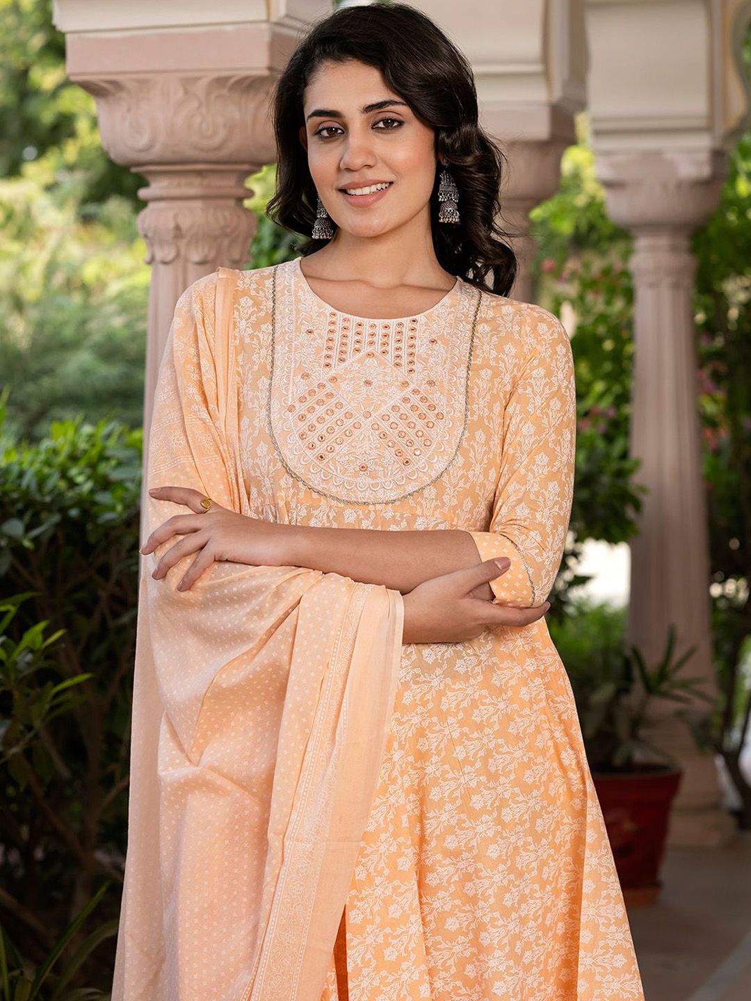 Dhiyona KL Floral Printed Mirror Work Anarkali Pure Cotton Kurta With Trousers & Dupatta