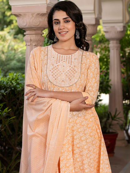 Dhiyona KL Floral Printed Mirror Work Anarkali Pure Cotton Kurta With Trousers & Dupatta