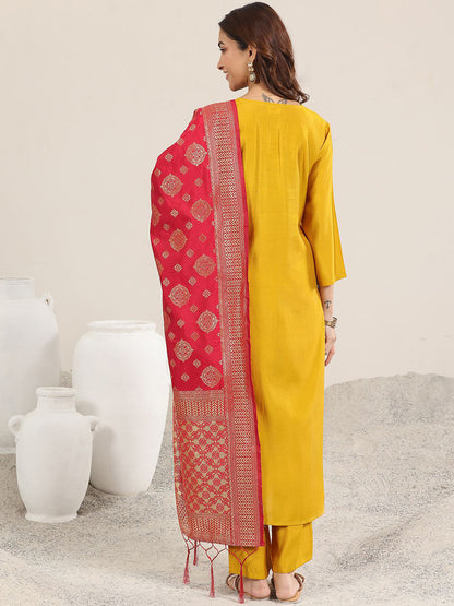 Floral Embroidered V Neck Sequinned Kurta With Trousers & Dupatta