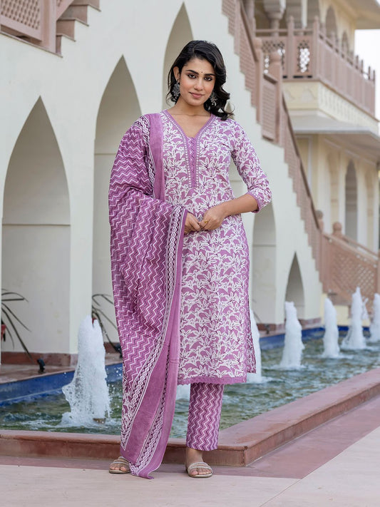 Dhiyona KL Women Floral Printed Regular Pure Cotton Kurta with Trousers & With Dupatta
