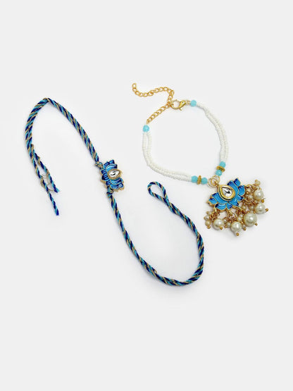 Dhiyona Unisex Set Of 2 Blue Lotus Shape Kundan-Studded & Beaded Wraparound Rakhi Set