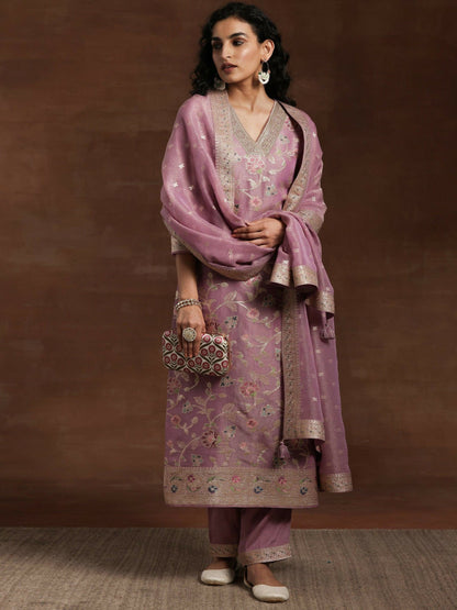 Women's LB Mauve Woven Design Silk Blend Straight Kurta With Trousers & Dupatta