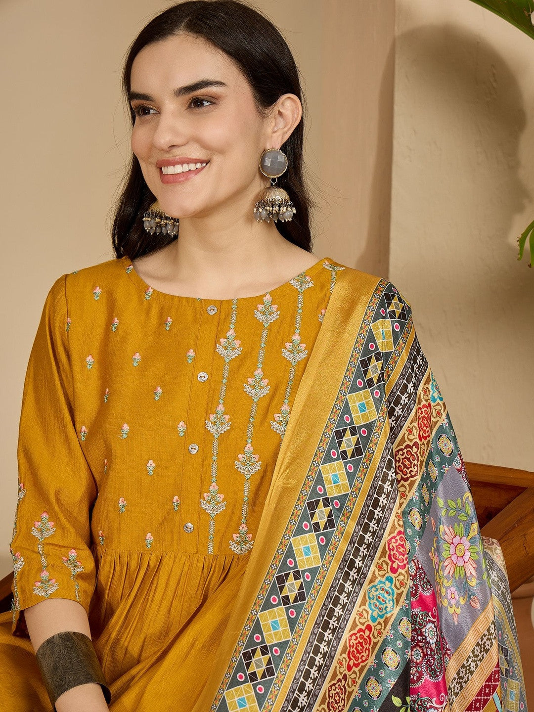 Floral Embroidered Pleated Thread Work Kurta With Trousers & Dupatta