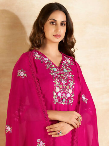 Women's Magenta Embroidered Straight Kurta Trousers With Dupatta set