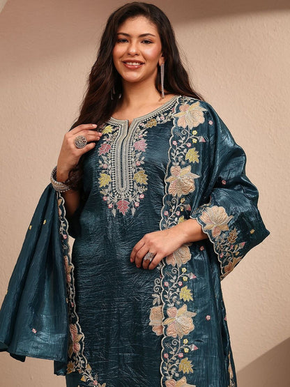 Dhiyona Women's Floral Embroidered Regular Thread Work Kurta with Trousers & With Dupatta