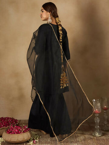 Women's Black Embroidered Straight Kurta Sharara With Dupatta Set