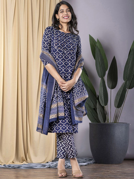 Dhiyona KL Keyhole Neck Floral Printed Straight Kurta with Trouser and Dupatta