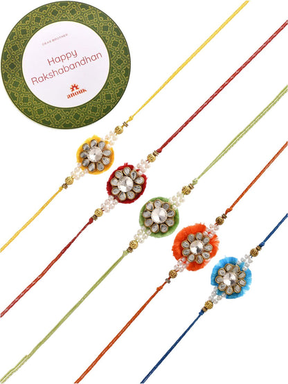 Dhiyona Green Set Of 5 Kundan & Pearl Beaded Thread Rakhis With Roli Chawal & Greeting Card