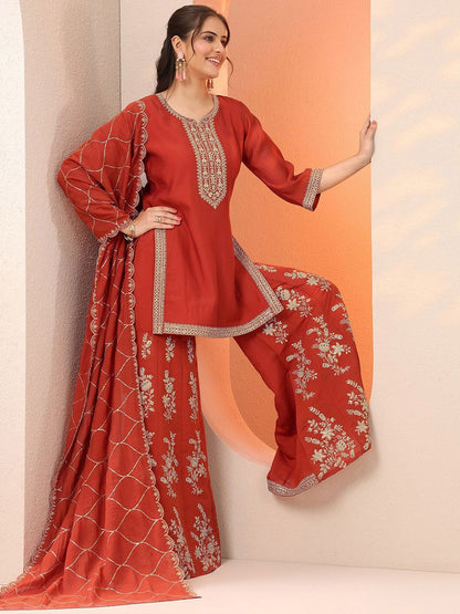 Dhiyona LL Ethnic Motifs Embroidered Straight Kurta With Sharara & Dupatta