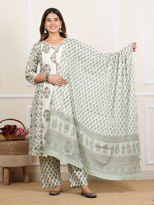 Dhiyona KL Women Ethnic Motifs Printed Regular Pure Cotton Kurta with Trousers & With Dupatta
