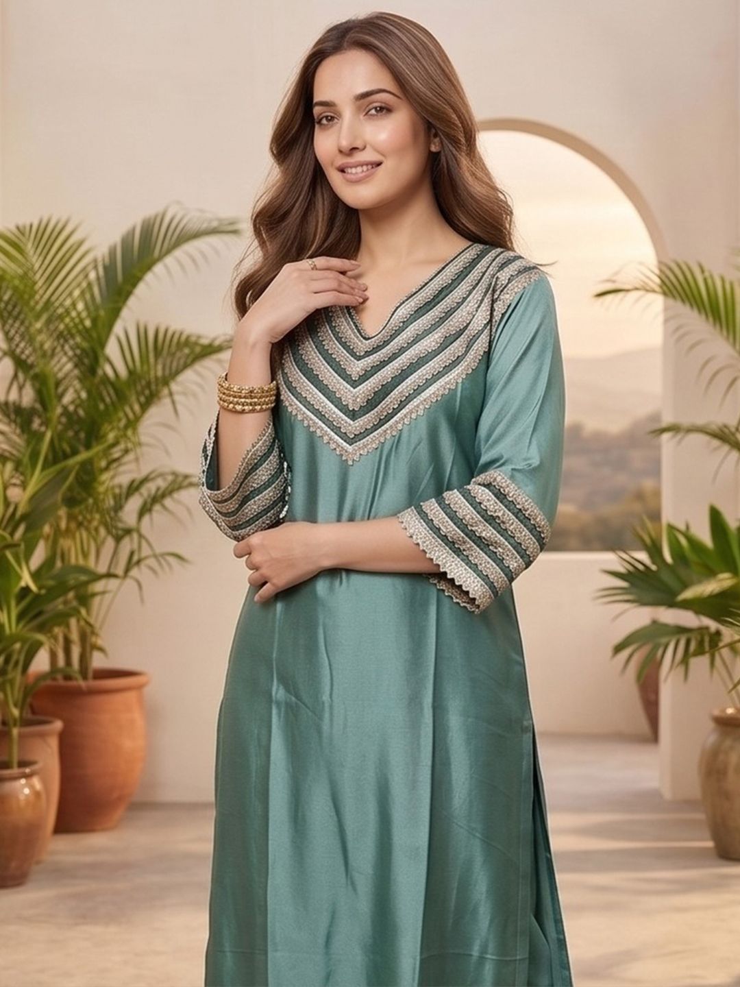 Sea Green Women Yoke Design Regular Kurta with Trousers