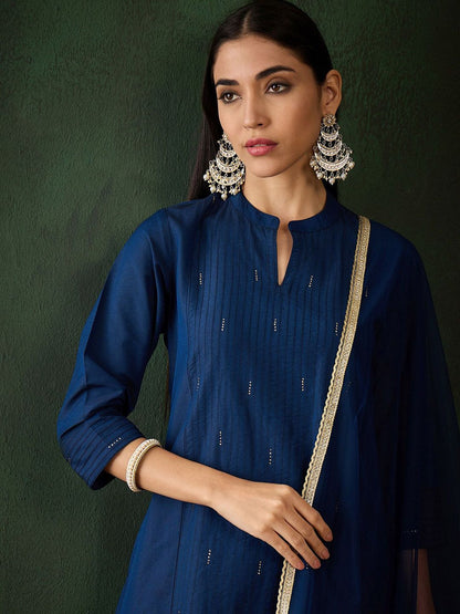 Dhiyona SN Women's Navy Blue Stripped Self Design Pintuck Pure Cotton Kurta & Trouser With Dupatta