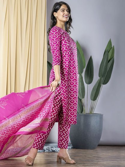 Dhiyona KL Ethnic Motifs Printed Keyhole Neck Straight Kurta With Trousers & Dupatta