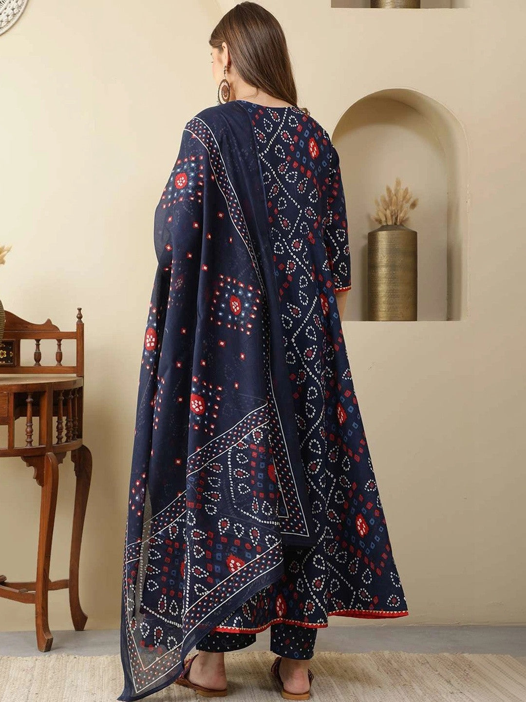 Women Printed Angrakha Thread Work Pure Cotton Kurta with Trousers & With Dupatta