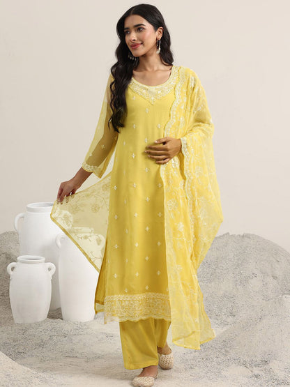 Dhiyona LL Ethnic Motifs Embroidered Round Neck Sequinned Kurta With Palazzos & Dupatta