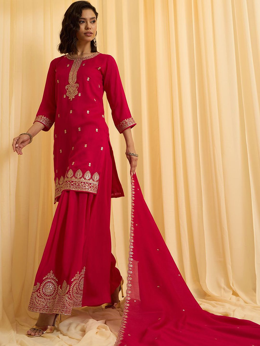 Dhiyona CH Women Zari Sequence Embroidered Kurta with Palazzos & Dupatta