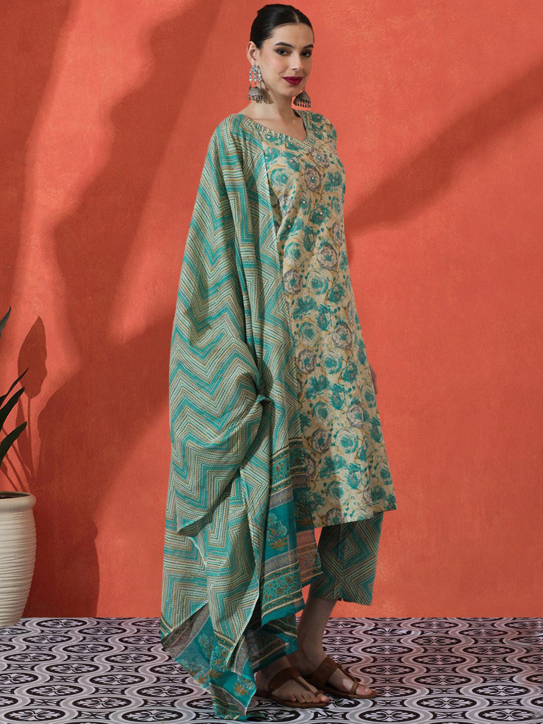 Floral Embroidered Pure Cotton Straight Kurta & Trousers With Dupatta
